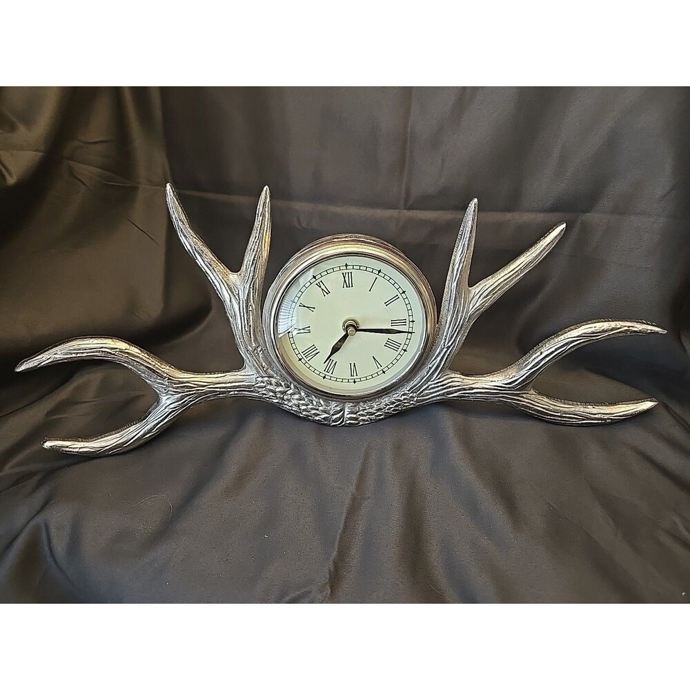 Deer Antler Stag Horn Silver Aluminum Mantle Desk Clock Battery Operated 16x7